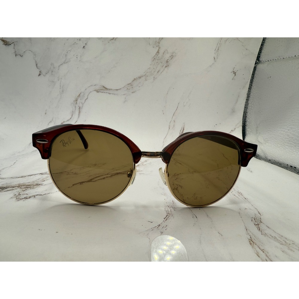 Ray-Ban Clubround Sunglasses Brown Frame Gold Trim Designer Eyewear